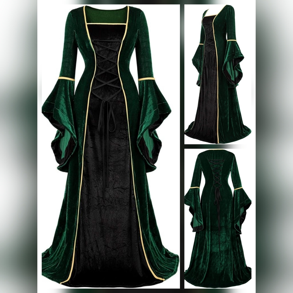 Cziffra Renaissance-Style Dress in Green & Black with Gold Trim - 3X